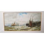 After T.B. Hardy print sailing boats by harbour wall, signed and dated 1889.