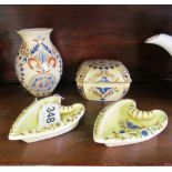 A Zsolnay floral vase, trinket box and two heart shaped dishes