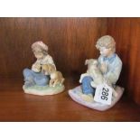 A Lladro boy seated on a cushion with dog and a Lladro boy with flower and dog