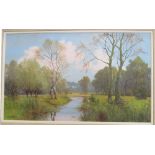 W J Alberts - large oil 'Birches by the river' 39 1/4" x 23 1/2"