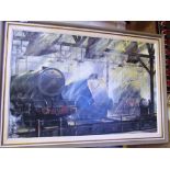 Geoff Shaw - Three steam trains, oil on board, signed