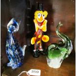 A Murano glass clown, glass cat and glass elephant