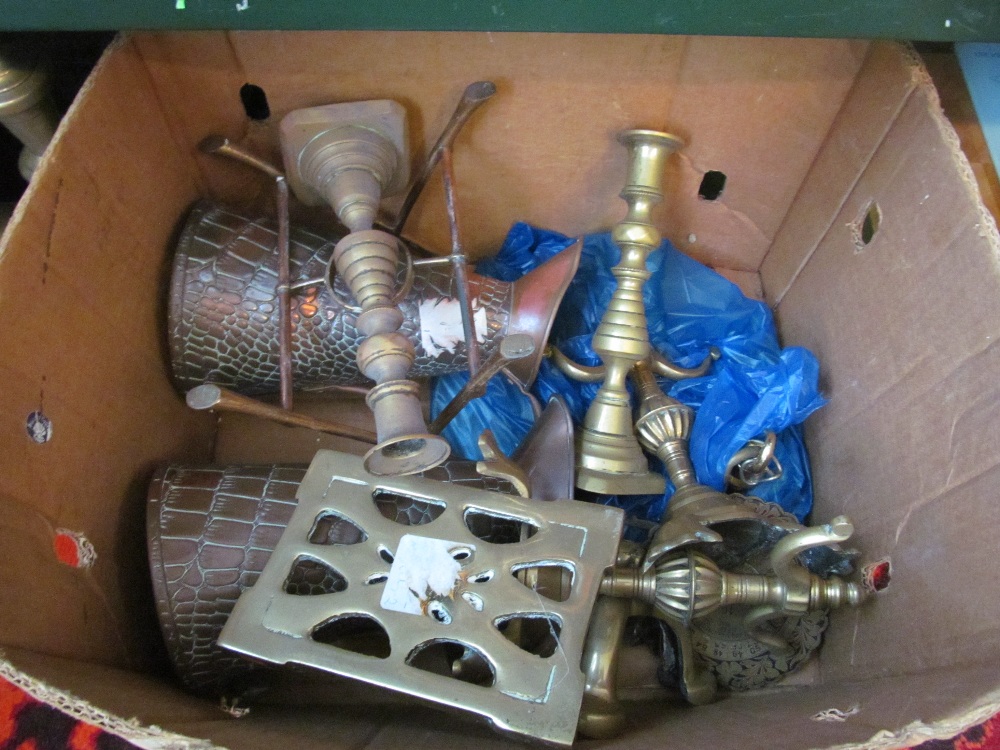 A pair brass candlesticks, other brass items and a small wooden shelf - Image 2 of 2