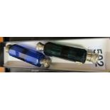 Two glass and silver double ended scent bottles one blue the other green