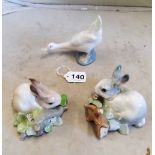 Two Lladro rabbits and Nao goose