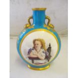 A Coalport bellow vase turquoise and gilt with portrait of a girl