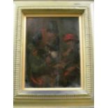 A small oil on panel three gentlemen drinking in gilt frame