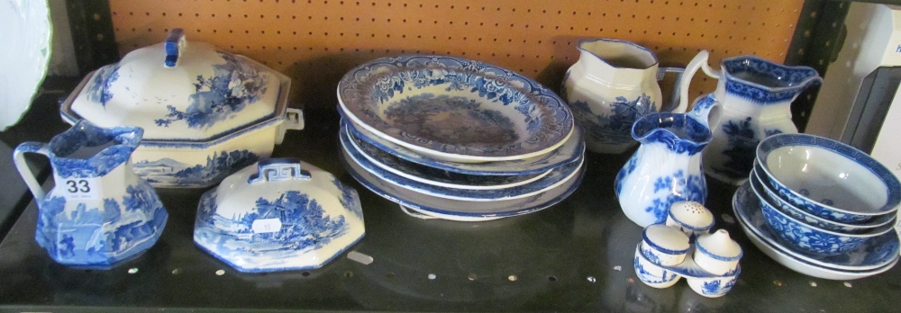 A Copeland Spode blue and white jug, Royal Doulton Norfolk pattern dinner ware and other blue and