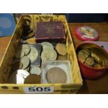 A group of silver sixpences, threepenny bits, commemorative and other coins