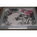 An oriental print two birds amongst flowers