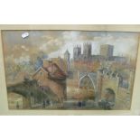 A watercolour York Minster and The New Bridge