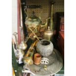 A brass spirit kettle and other brass