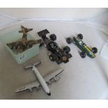 Two Corgi model planes and two Schuco model racing cars