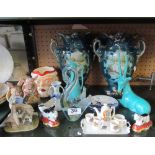 A crested miniature teaset, pair of Edwardian vases decorated swans, Murano glass swan and other