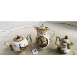 A small Meissen teapot (spout repaired) and similar jug (lid stuck) and Meissen jug (handle