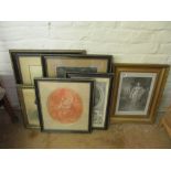 A Victorian watercolour Victorian lady, other prints and portraits and a design of scrolls and