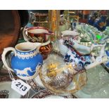 Two lustre jugs, jug, Spode jug, glass vase and bowl and spoon