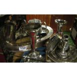Some silver-plate items including candlesticks et cetera