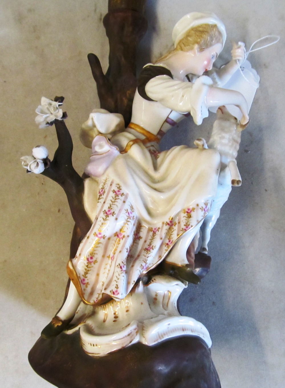 A 19th Century Sitzendorf style candelabra lady with sheep under a tree - Image 6 of 6