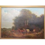 Style Norwich School style of James Stark Pair oils on canvas Dutch barge on river and horse & cart