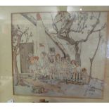 In the style of Carrie Solomon a watercolour queue of children waiting outside cottage, signed