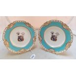 A pair Grainger Worcester plates turquoise and gilt with coat of arms