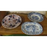 A 19th Century Masons Ironstone plate decorated flowers and two Copeland and Garrett 'Imari'