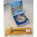 A Mickey Mouse silver-plated bowl by Cavalier boxed and a gavel on stand