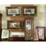 Six Cash's woven pictures 'Winter', boxed three wildlife series, bird, poodle puppy
