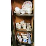 A part decorative tea service, pair Coalport cups and saucers, Victorian Ditchling souvenir mug