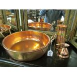A miniature copper measure, copper milk churn and copper preserve pan