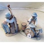 A Lladro jazz band group of drummer with drum kit (one drumstick a/f), saxophone player, double base