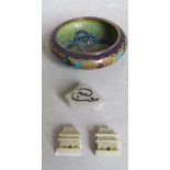 A cloisonné dragon dish and two soapstone pagodas