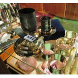 Various plated napkin rings, plated toast rack, Art Deco style candlestick and a pair of pepperettes