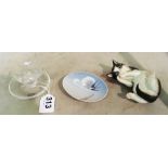 A Royal Worcester black and white kitten, Royal Copenhagen dish swallow and a Lalique dish two