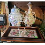 A two handled tile tray, Crown Ducal table lamp and shade and a ginger jar