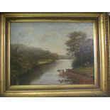 An oil on canvas of cattle by river in gilt frame