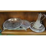 A silver-plated and glass claret jug, various silver-plated galleried trays and salvers