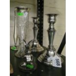 A pair of plated candlesticks, silver rimmed vase, spill vase and rabbit