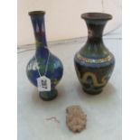 Two cloisonné vases and an antique pottery piece