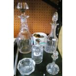 Two decanters, other glass and stoppers
