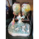 A pair of Victorian vases decorated butterflies amongst flowers (slightly a/f) and other ornaments