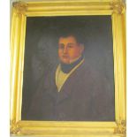 An oil on canvas of gent in gilt frame (repaired and blistering)