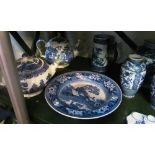 A Wedgwood Fallow Deer plate, teapot (a/f) and other blue and white china, hunting tureen and