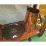 A large Victorian copper jug, jam pan and other copper and brass
