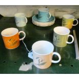 A harlequin set of six Susie Cooper coffee cups and saucers flower design (one yellow saucer
