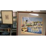 A watercolour view in Mallorca, Persian style print on material and two pictures initials M & E