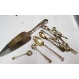 Three silver condiment spoons, silver twist handled spoon, cake slice and plated condiment spoons