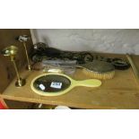 Various horse brasses, a silver backed hand mirror etc