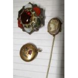 A Scottish brooch inset agates etc, an Edwardian photo locket and a stick pin set cameo of a lady